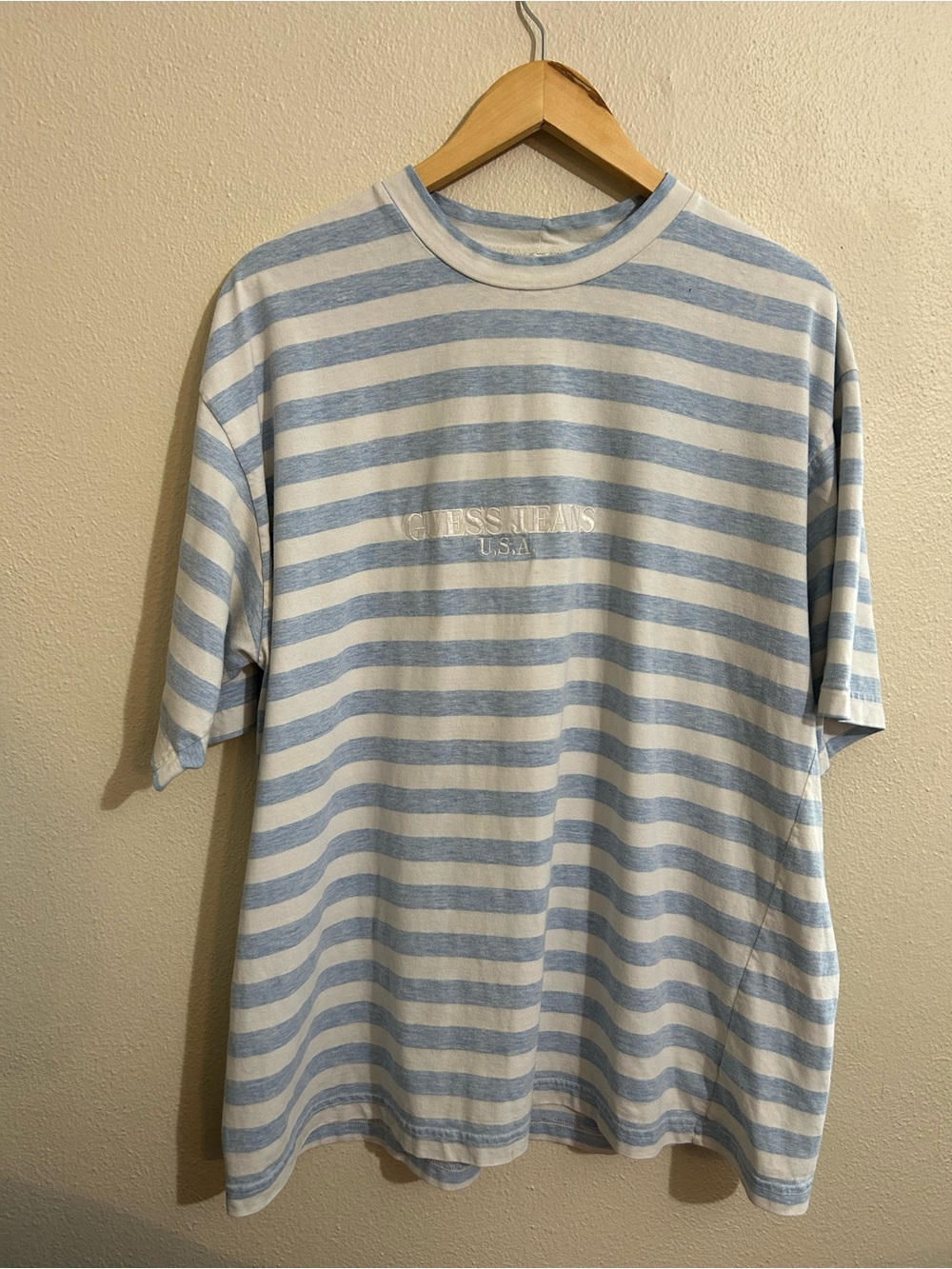 Guess Jeans Striped Crewneck T-Shirt Light Blue & White 80s Retro Mens Size XL